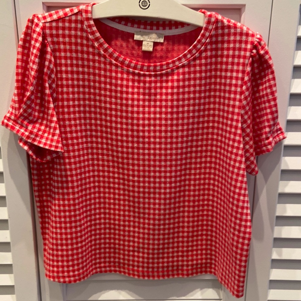 Boxy gingham knit tee with puff sleeve, size M